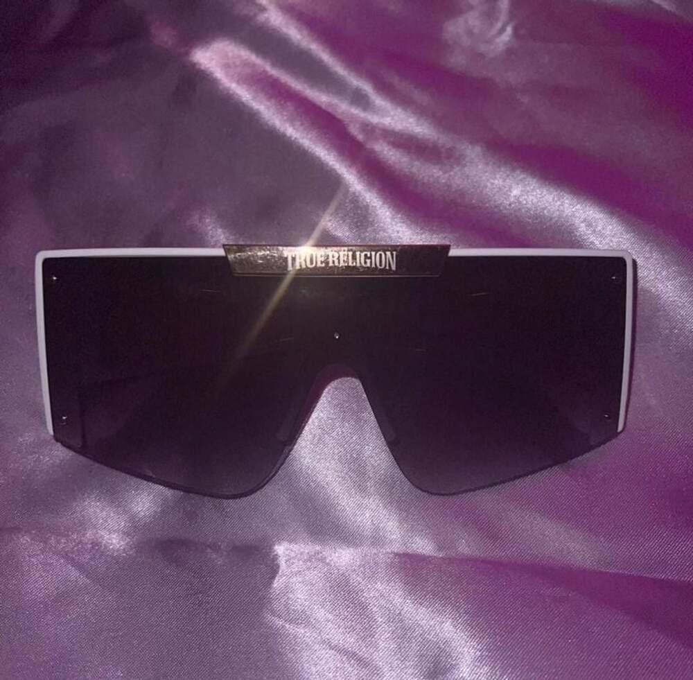 True Religion Oversized Shield Flat Top Sunglasses White Frame with Gold Logo